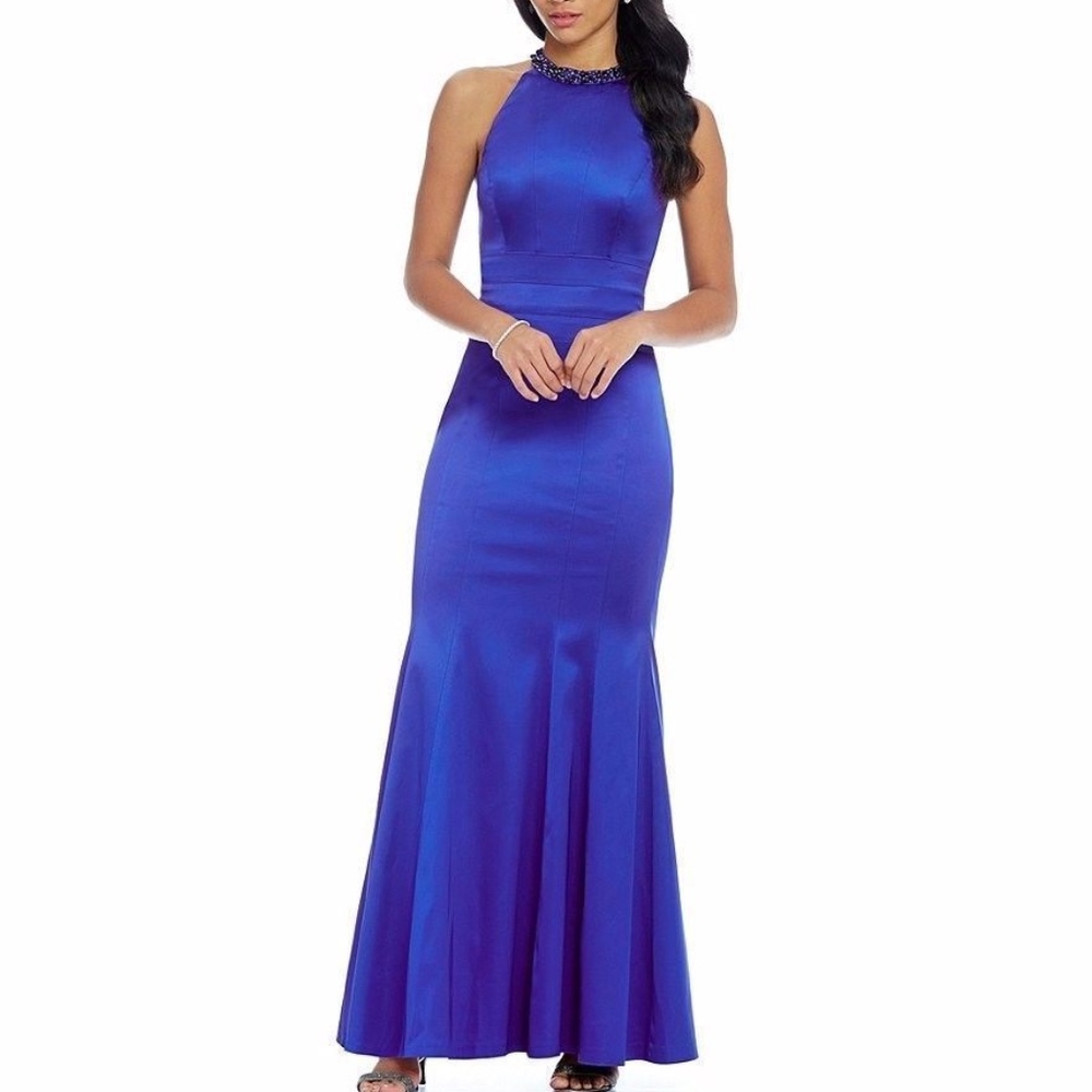 KAY UNGER Bodyco Stretch Satin Beaded Halter Dress